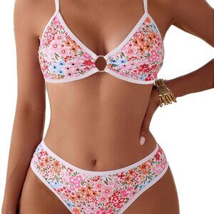 Women's Pink Floral O Ring Linked Two Piece Cheeky Bikini Set - XS